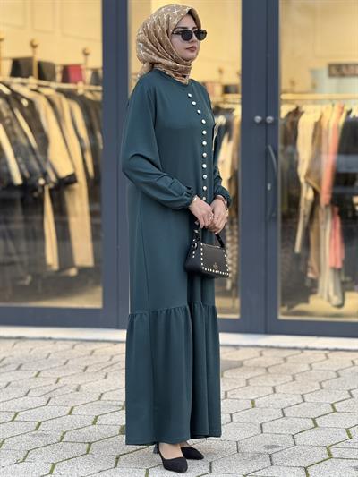 Düğme Detaylı Volan Etek Büyük Beden Tesettür Elbise Petrol OTW2202
