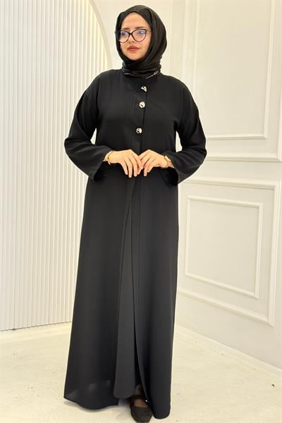 Düğmeli Detaylı Abaya Takım Siyah OTW8631