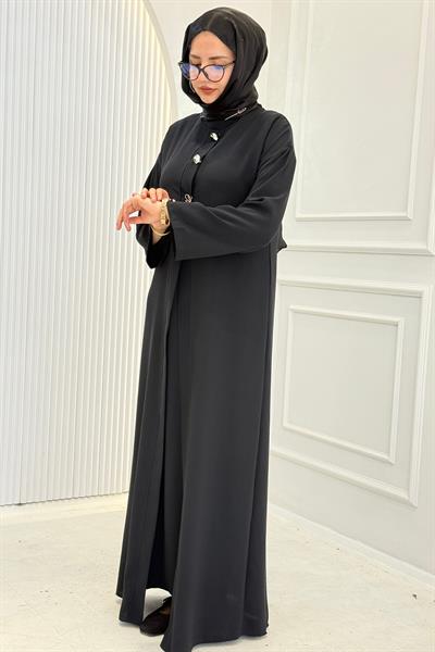 Düğmeli Detaylı Abaya Takım Siyah OTW8631