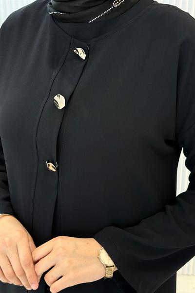 Düğmeli Detaylı Abaya Takım Siyah OTW8631
