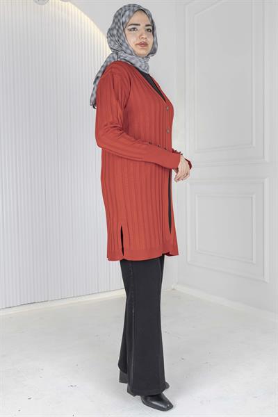 Düğmeli Fitilli Triko Hırka Kırmızı OTW1032