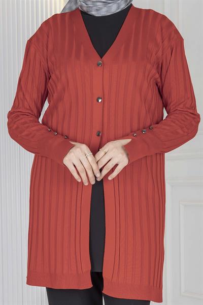 Düğmeli Fitilli Triko Hırka Kırmızı OTW1032