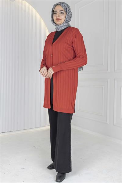 Düğmeli Fitilli Triko Hırka Kırmızı OTW1032