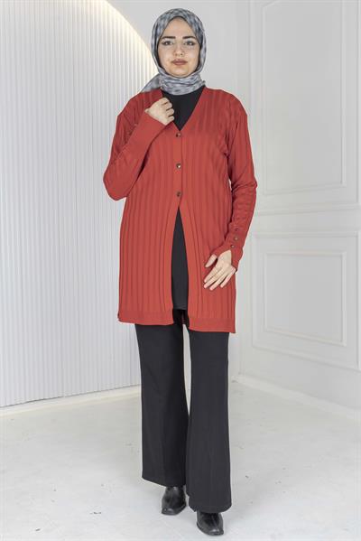 Düğmeli Fitilli Triko Hırka Kırmızı OTW1032