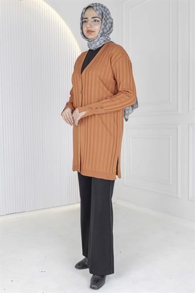 Düğmeli Fitilli Triko Hırka Oranj OTW1032