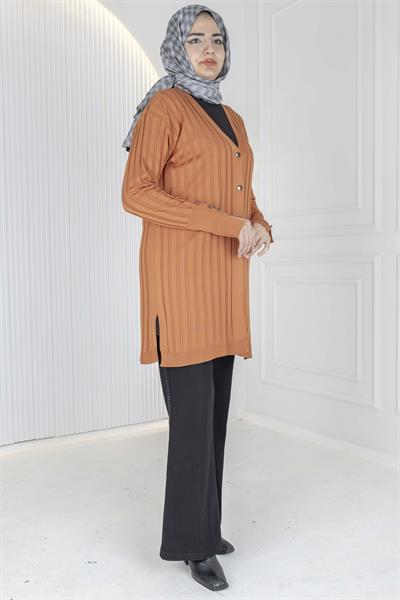 Düğmeli Fitilli Triko Hırka Oranj OTW1032