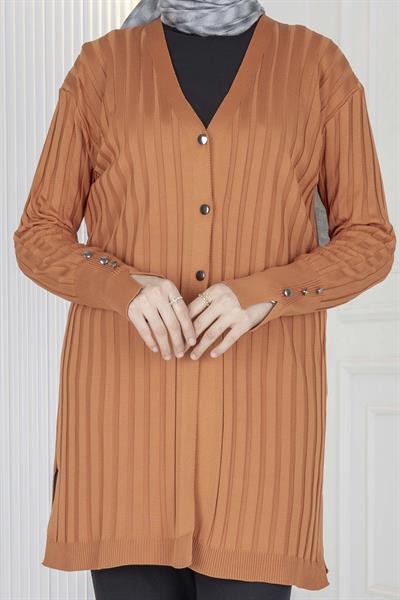 Düğmeli Fitilli Triko Hırka Oranj OTW1032