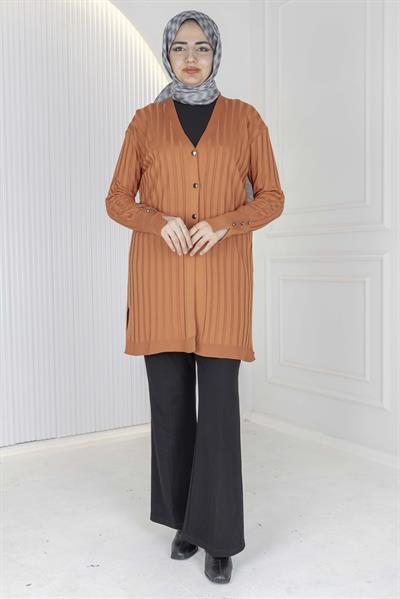 Düğmeli Fitilli Triko Hırka Oranj OTW1032