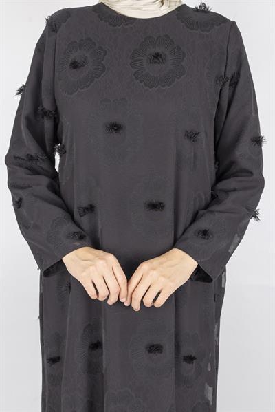 Dule Astarlı Çiçek Desenli Pliseli Tesettür Elbise Siyah OTW936