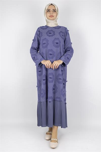 Dule Astarlı Çiçek Desenli Pliseli Tesettür Elbise İndigo OTW936