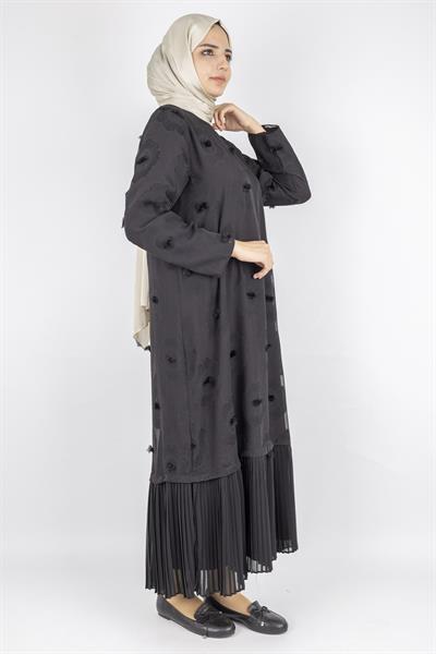 Dule Astarlı Çiçek Desenli Pliseli Tesettür Elbise Siyah OTW936