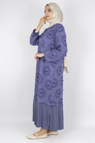 Dule Astarlı Çiçek Desenli Pliseli Tesettür Elbise İndigo OTW936