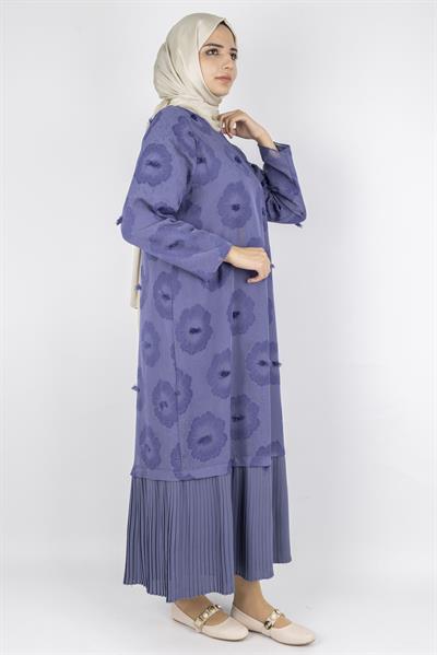 Dule Astarlı Çiçek Desenli Pliseli Tesettür Elbise İndigo OTW936