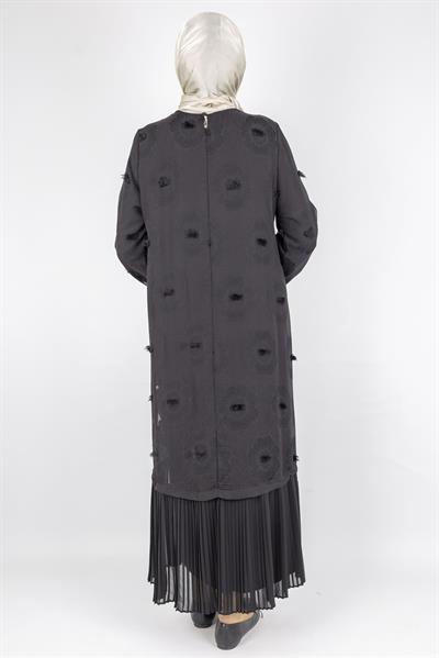 Dule Astarlı Çiçek Desenli Pliseli Tesettür Elbise Siyah OTW936