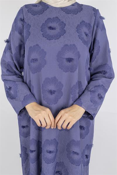 Dule Astarlı Çiçek Desenli Pliseli Tesettür Elbise İndigo OTW936