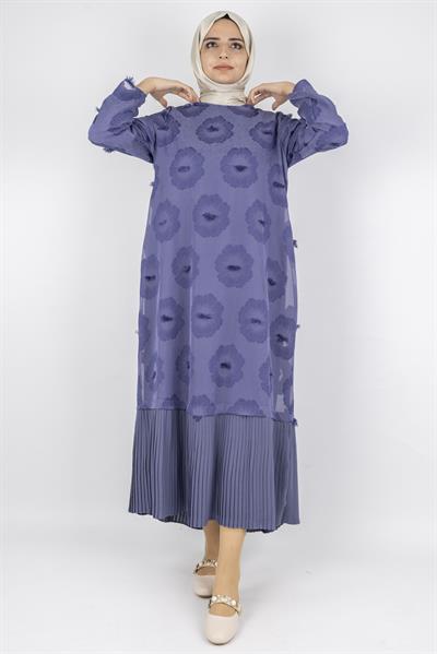 Dule Astarlı Çiçek Desenli Pliseli Tesettür Elbise İndigo OTW936