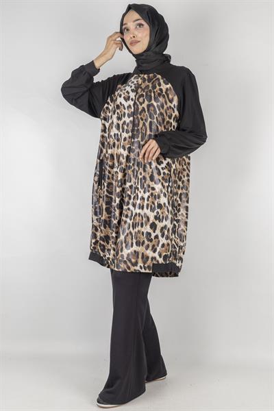 Dule Büyük Beden Leoparlı Kap Siyah OTW589