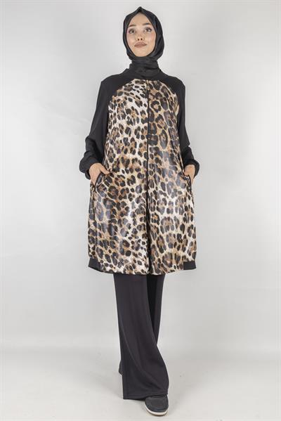 Dule Büyük Beden Leoparlı Kap Siyah OTW589