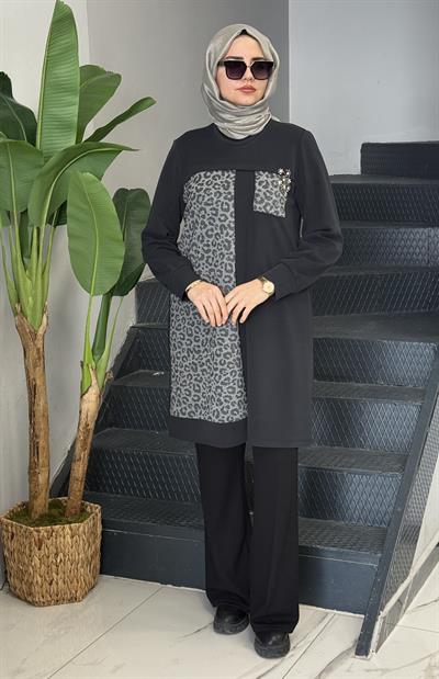 Dule Büyük Beden Leoparlı Tunik Antrasit OTW207