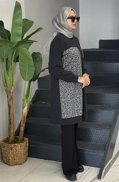 Dule Büyük Beden Leoparlı Tunik Antrasit OTW207