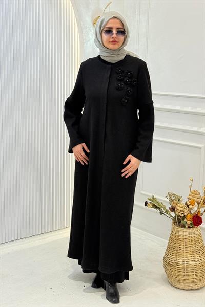 Dule Çiçekli Keçe Ferace Siyah OTW475