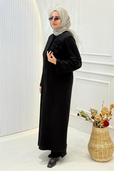 Dule Çiçekli Keçe Ferace Siyah OTW475