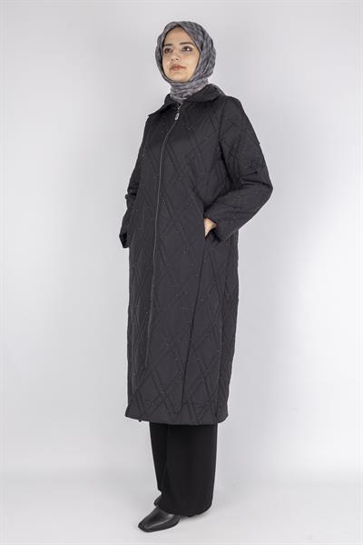Dule Elmas Kapitone Taş Serpme Fermuarlı Uzun Mont Siyah OTW557