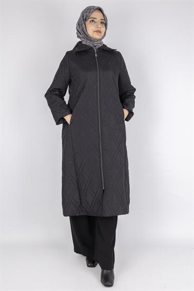 Dule Elmas Kapitone Taş Serpme Fermuarlı Uzun Mont Siyah OTW557