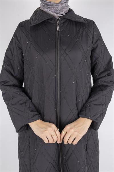 Dule Elmas Kapitone Taş Serpme Fermuarlı Uzun Mont Siyah OTW557