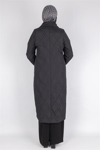 Dule Elmas Kapitone Taş Serpme Fermuarlı Uzun Mont Siyah OTW557