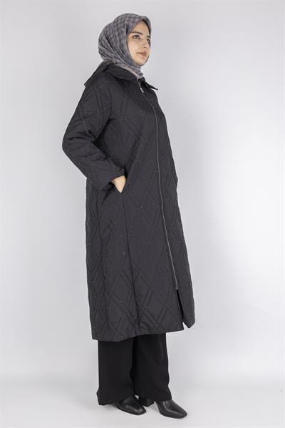 Dule Elmas Kapitone Taş Serpme Fermuarlı Uzun Mont Siyah OTW557