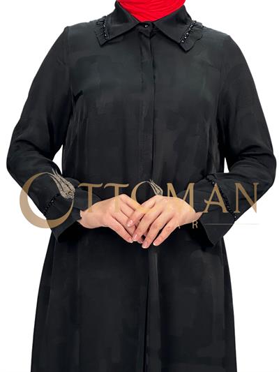 DULE Qupra Desenli Gömlek Elbise Siyah OTW906