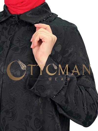 DULE Qupra Kumaş Çiçek Desenli Gömlek Elbise Siyah OTW902