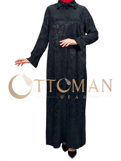 DULE Qupra Kumaş Çiçek Desenli Gömlek Elbise Siyah OTW902