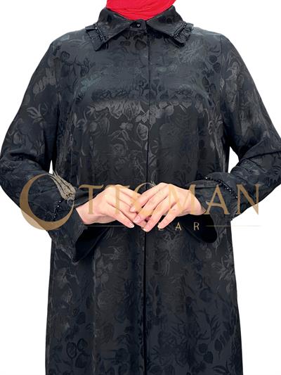 DULE Qupra Kumaş Çiçek Desenli Gömlek Elbise Siyah OTW902