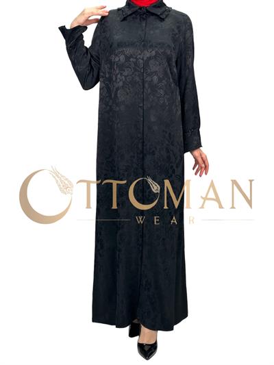 DULE Qupra Kumaş Çiçek Desenli Gömlek Elbise Siyah OTW902