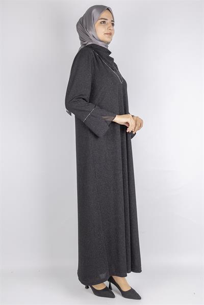 Dule Simli Dökümlü Kumaş Volan Kol Uzun Elbise Siyah OTW928