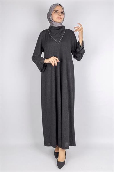 Dule Simli Dökümlü Kumaş Volan Kol Uzun Elbise Siyah OTW928