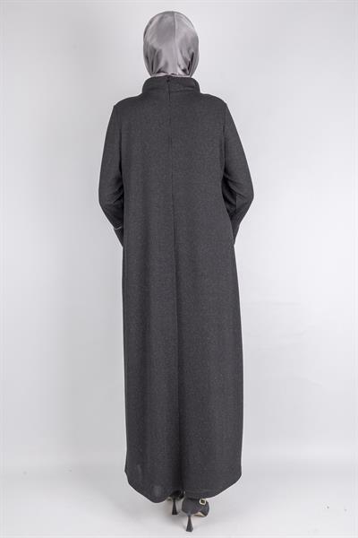 Dule Simli Dökümlü Kumaş Volan Kol Uzun Elbise Siyah OTW928