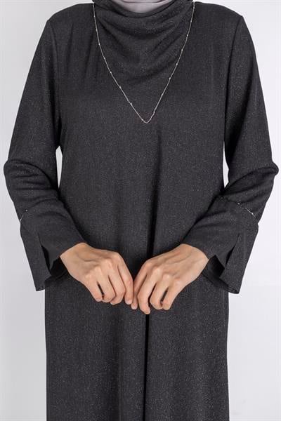 Dule Simli Dökümlü Kumaş Volan Kol Uzun Elbise Siyah OTW928