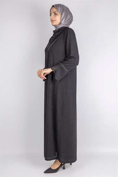 Dule Simli Dökümlü Kumaş Volan Kol Uzun Elbise Siyah OTW928