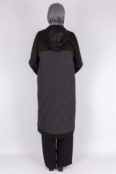 Dule  Taş Serpme Detaylı Elmas Kapitone Uzun Kap Siyah OTW555