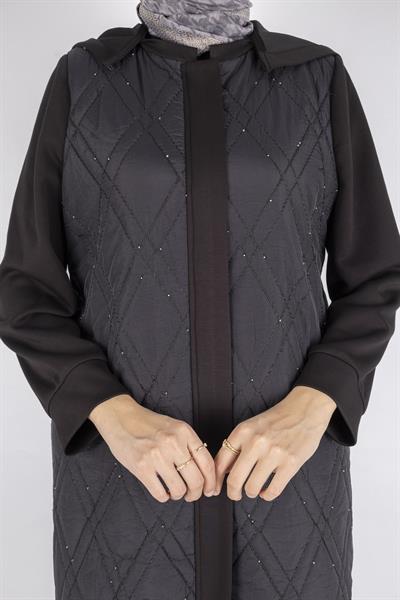 Dule  Taş Serpme Detaylı Elmas Kapitone Uzun Kap Siyah OTW555