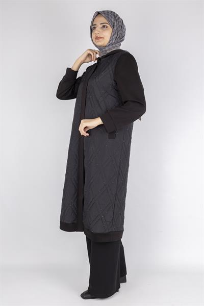 Dule  Taş Serpme Detaylı Elmas Kapitone Uzun Kap Siyah OTW555