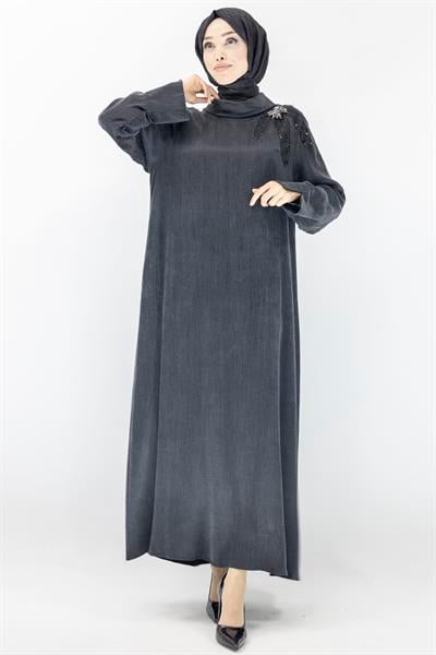 Dule Yakalı Qupra İpek Elbise Siyah OTW909