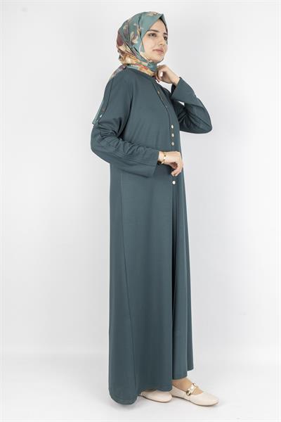 Düz Renk Modern Stil Düğmeli Tesettür Elbise Petrol OTW2205