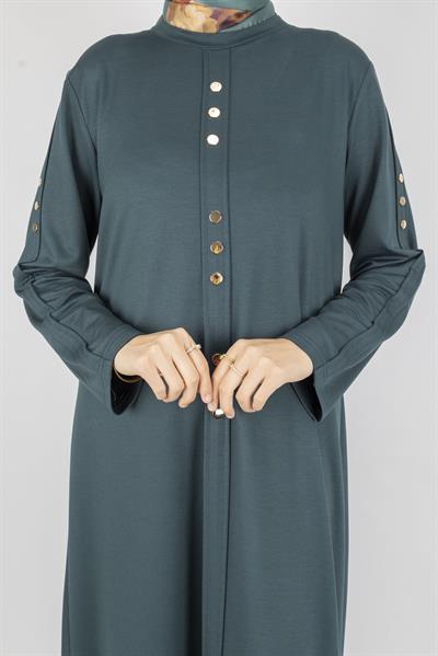 Düz Renk Modern Stil Düğmeli Tesettür Elbise Petrol OTW2205