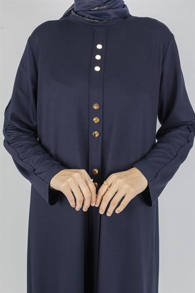 Düz Renk Modern Stil Düğmeli Tesettür Elbise Lacivert OTW2205