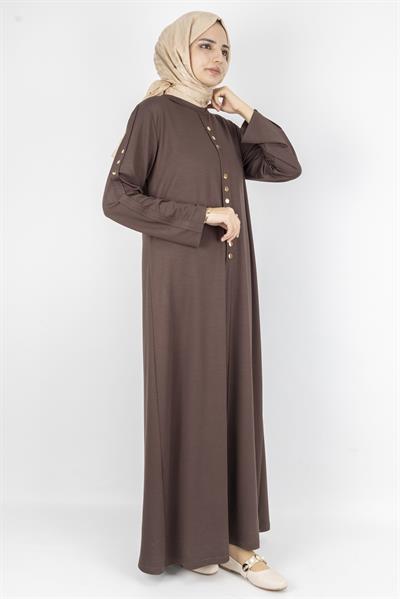 Düz Renk Modern Stil Düğmeli Tesettür Elbise Kahve OTW2205