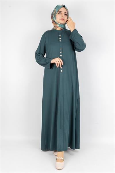 Düz Renk Modern Stil Düğmeli Tesettür Elbise Petrol OTW2205